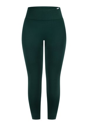 Mørkegrønne leggings med en bred, strækbar talje. Fremstillet af et glat, let stof med en tætsiddende pasform og uden synlige mønstre.