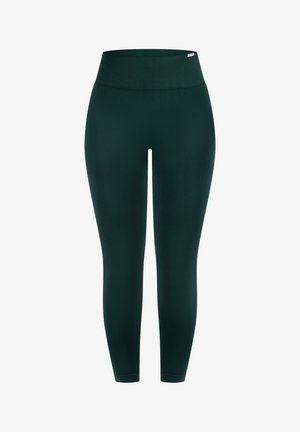 Mørkegrønne leggings med en bred, strækbar talje. Fremstillet af et glat, let stof med en tætsiddende pasform og uden synlige mønstre.