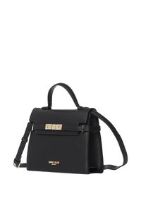 Borsa strutturata nera in pelle testurizzata, con manico superiore, tracolla rimovibile e accessori in oro.