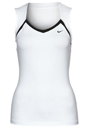 Weißes ärmelloses Sportoberteil mit schwarzem Rand am Ausschnitt und kleinem schwarzem Nike-Logo auf der Brust.