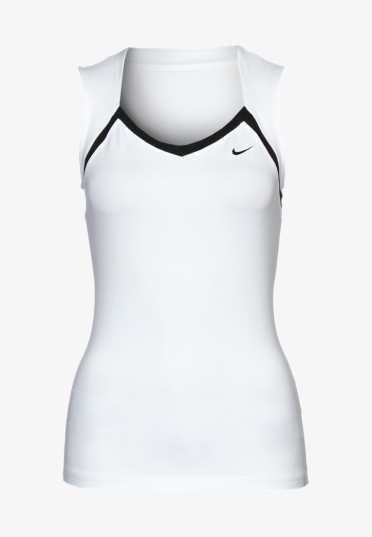 Débardeur sportif blanc sans manches avec un liseré noir au niveau du col et un petit logo Nike noir sur la poitrine.