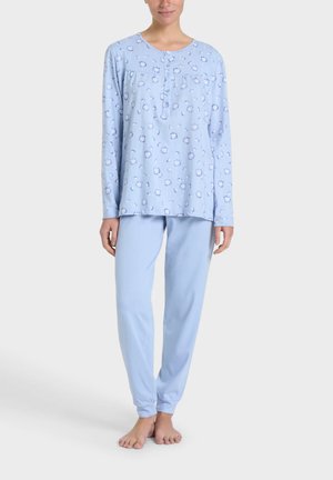Pigiama azzurro chiaro composto da una maglia a maniche lunghe con motivo floreale, dettaglio con bottoni e pantaloni aderenti abbinati con polsini elasticizzati.