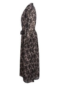 Doorzichtig zwart maxi-jurkje met bloemenprint, lange mouwen, een cinched taille en een strikceintuur, met een hoge halslijn en delicate kantdetails.