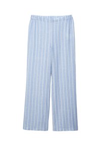 Pantalons larges bleu clair avec des rayures verticales blanches, dotés d'une taille élastique et d'une texture de tissu douce et légère.