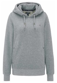 Sudadera de algodón gris con capucha, bolsillo frontal y cordones. Presenta puños y dobladillo de canalé; diseño minimalista con un acento de logo.