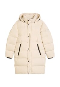 Gewatteerde winterjas in lichtcrème kleur, voorzien van een capuchon, zwarte zakken met rits en drukknoopsluitingen. Zachte textuur met een doorgestikt patroon.