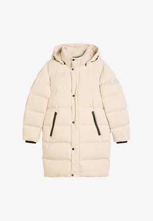 Gepolsterter Wintermantel in hellem Cremeweiß, mit Kapuze, schwarzen Reißverschlusstaschen und Druckknopfverschlüssen. Weiche Textur mit gesteppter Musterung.