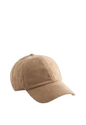 Beige corduroy baseball cap with curved brim and ventilation eyelets on top, isolated on a white background.