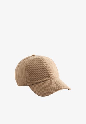 Beige corduroy baseball cap with curved brim and ventilation eyelets on top, isolated on a white background.