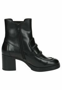 Zwarte leren enkellaarzen met een zijrits, ronde neus en twee decoratieve banden aan de voorkant. Blokhak voor extra steun.