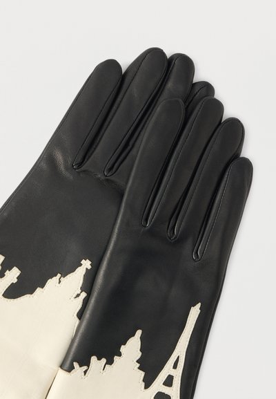 Μαύρα δερμάτινα γάντια με λευκό σιλουέτα σχεδίου που απεικονίζει εμβληματικά κτίρια, συμπεριλαμβανομένου του Πύργου του Άιφελ, με λεία υφή.