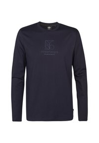 Maglietta a maniche lunghe in cotone blu navy con logo grafico frontale in azzurro chiaro, scollatura rotonda e vestibilità rilassata con orlo dritto.
