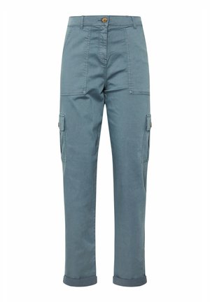 Pantalon cargo bleu clair avec fermeture à bouton, poches avant et latérales, ourlets roulés et coupe droite. Tissu en coton, style décontracté.