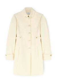 Manteau crème fait d'un mélange de laine, avec un col, fermeture à six boutons et poches latérales avec accents de boutons. Forme structurée.