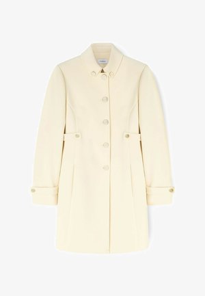 Helle beschichtete Jacke aus Wollmischung, mit einem Kragen, sechs Knopfverschluss und seitlichen Taschen mit Knopfdetails. Strukturierte Form.