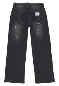 Jeans in denim nero con un design a gamba dritta, caratterizzati da dettagli strappati e stile a cinque tasche. Etichetta del marchio bianca sulla vita posteriore.