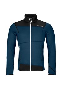 Blaue Fleecejacke mit schwarzen Akzenten, hohem Kragen, durchgehendem Reißverschluss und zwei Seitentaschen; bietet ein geometrisches Design auf der Brust.