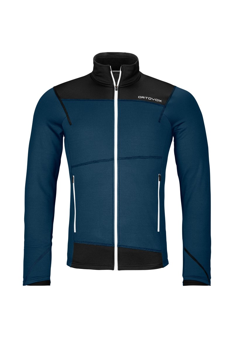 Blaue Fleecejacke mit schwarzen Akzenten, hohem Kragen, durchgehendem Reißverschluss und zwei Seitentaschen; bietet ein geometrisches Design auf der Brust.