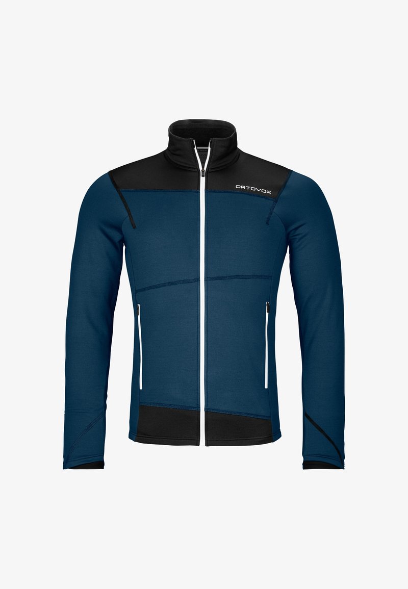 Blaue Fleecejacke mit schwarzen Akzenten, hohem Kragen, durchgehendem Reißverschluss und zwei Seitentaschen; bietet ein geometrisches Design auf der Brust.