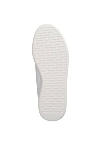 White sneaker sole with a patterned grip, rounded toe, and smooth texture. Features subtle branding at the heel. Durable rubber material.