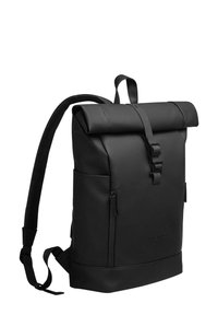 Black roll-top backpack with adjustable straps, zippered side pocket, and smooth, waterproof material. Features a minimalistic design.