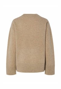 Beżowy sweter dzianinowy z okrągłym dekoltem, opuszczonymi ramionami i ściągaczami. Materiał ma miękką strukturę z subtelnym melanżowym wzorem.