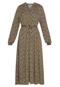 Abito a maniche lunghe, verde oliva con motivo floreale, con cintura in vita e scollatura a V. Realizzato in tessuto morbido con una forma fluida.