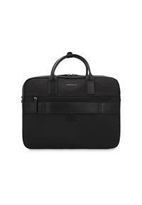 Bolsa para laptop negra, repelente al agua, hecha de tela texturizada con acentos de cuero. Cuenta con dos asas superiores y un bolsillo frontal con cremallera.