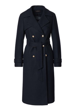 Granatowy wełniany płaszcz trench z podwójnym zapięciem na złote guziki, paskiem w talii, klapami i długimi rękawami z zapięciem na mankiet.