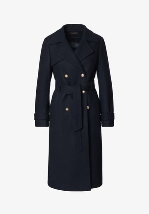 Granatowy wełniany płaszcz trench z podwójnym zapięciem na złote guziki, paskiem w talii, klapami i długimi rękawami z zapięciem na mankiet.
