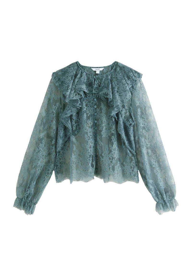 Blouse en dentelle de teal pastel avec de longues manches bouffantes et des détails froncés au niveau du col, présentant un motif floral texturé tout au long.