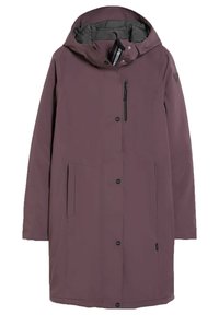 Fioletowy, długi płaszcz przeciwdeszczowy z kapturem, kieszenią na zamek, zatrzaskami, dwiema przednimi kieszeniami oraz gładkim, wodoodpornym materiałem.
