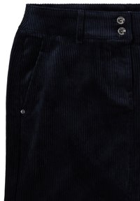Jupe en velours côtelé bleu marine foncé avec une texture à côtes verticales, dotée de deux boutons argentés, d'une taille et d'une poche latérale.