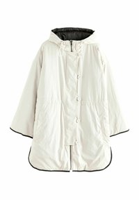Manteau à capuche beige clair avec fermeture éclair et boutons à l'avant, deux poches latérales, taille élastique et bordure noire aux poignets et à l'ourlet.