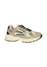 Beige mesh en suède sneaker met zwarte accenten, witte details, zwarte veters en een dikke, gestructureerde zool. Ademend ontwerp voor comfort.