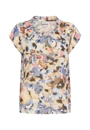Floral short-sleeve blouse in pastel colors, featuring a gathered neckline and soft, lightweight fabric with a watercolor effect.