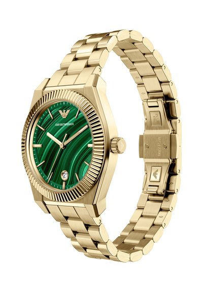 Orologio in acciaio inox dorato con cassa esagonale, quadrante in malachite verde e indici delle ore argentati. Dotato di un bracciale a maglie e display della data.