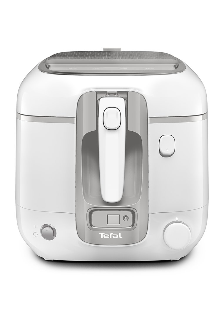 Frytkownica Tefal w białym plastiku z przezroczystą pokrywą, przednim uchwytem, przyciskami sterującymi oraz wyświetlaczem cyfrowym do ustawień.