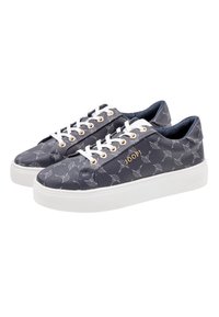 Navy blue sneakers with embossed floral pattern, white laces, gold eyelets, and a thick white sole. Branding on side in gold.