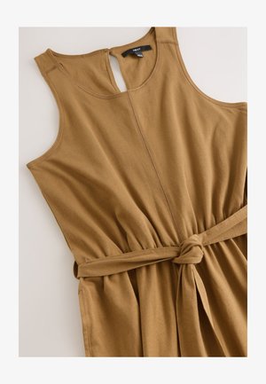 Brown sleeveless dress with a keyhole neckline, cinched waist, and a tied belt. Made from soft fabric with a smooth texture.