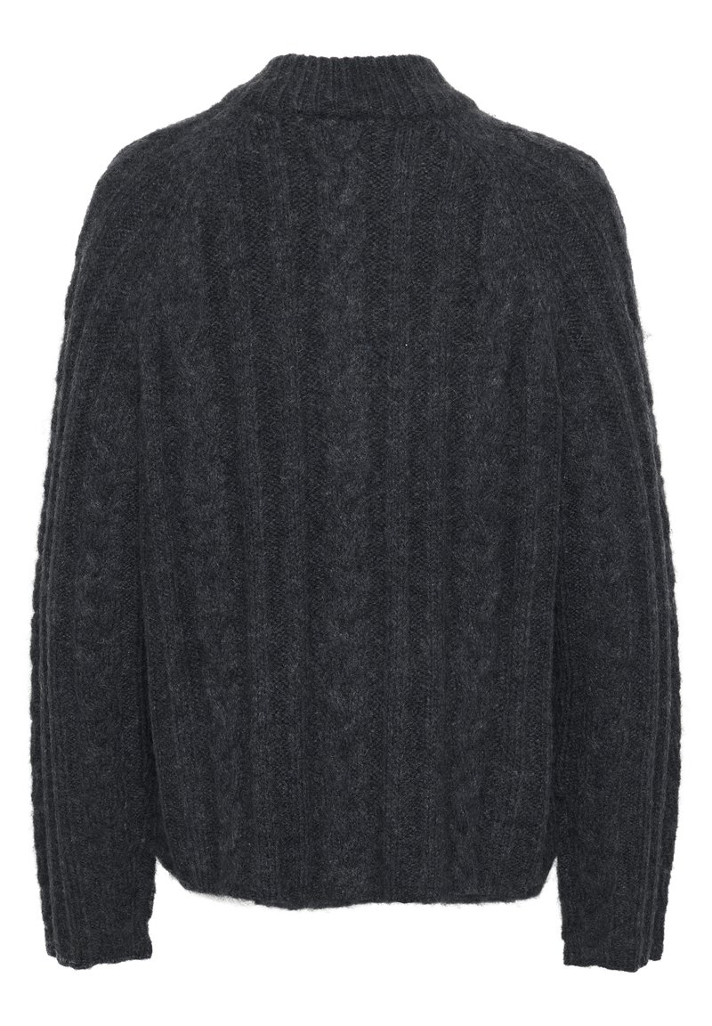 Dunkelgrauer Strickpullover mit hohem Kragen, ausgestattet mit einem Zopfmuster und gerippten Strukturen, entworfen mit langen Ärmeln und einem lässigen Schnitt.