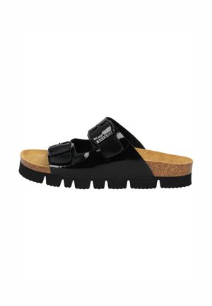 Schwarze Lack-Slide-Sandale mit zwei verstellbaren Schnallen, Korkfußbett und strukturiertem Gummisohle. Verfügt über ein flaches Profil und ein offenes Zehendesign.