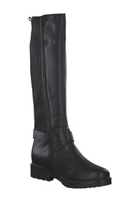Botte noire montante en cuir avec des panneaux en cuir et en élasthanne, fermetures éclair sur le côté et détail de boucle. Semelle robuste avec un léger talon.