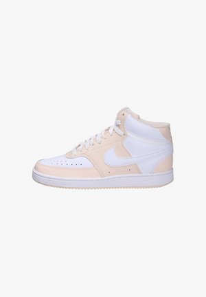 High-top sneakers with a light beige and white color scheme. Made of leather and synthetic materials, featuring perforated toe and logo accents.