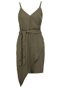 Olivi vihreä kietaisumekko, jossa on spagettiolkaimet, vyötäröllä oleva vyö ja epäsymmetrinen helma. Sileä kangas, jossa on pehmeä rakenne.