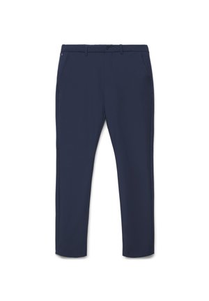 Navy blue formal trousers with belt loops, front pockets, and a button closure at the waist, displayed on a white background.