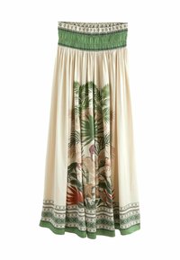 Falda maxi en tela beige claro con cinturilla fruncida verde, estampado de hojas tropicales y animales, y dobladillo decorativo con patrón.