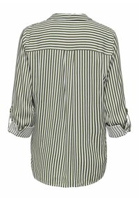 Chemise à manches longues avec des rayures verticales vert olive et blanc, des rayures horizontales sur le haut du dos, et des manches retroussées avec des pattes boutonnées.