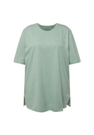 Hellgrünes T-Shirt mit kurzen Ärmeln aus weichem Stoff. Verfügt über einen Rundhalsausschnitt und seitliche Schlitze am Saum für mehr Bewegungsfreiheit.