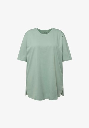 Hellgrünes T-Shirt mit kurzen Ärmeln aus weichem Stoff. Verfügt über einen Rundhalsausschnitt und seitliche Schlitze am Saum für mehr Bewegungsfreiheit.